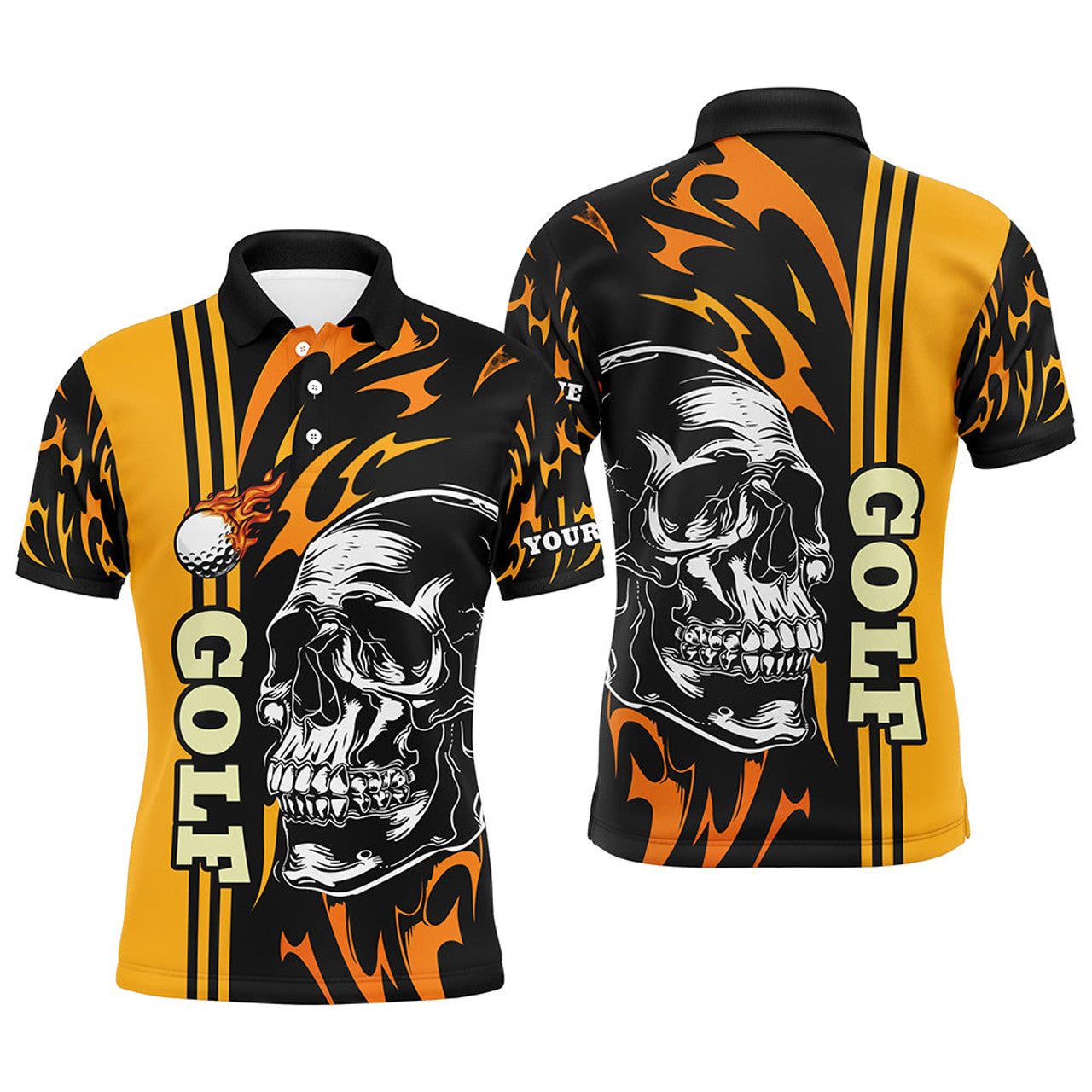 Personalized Mens golf polo shirts custom black and yellow skull golf top for mens, golfing gifts
