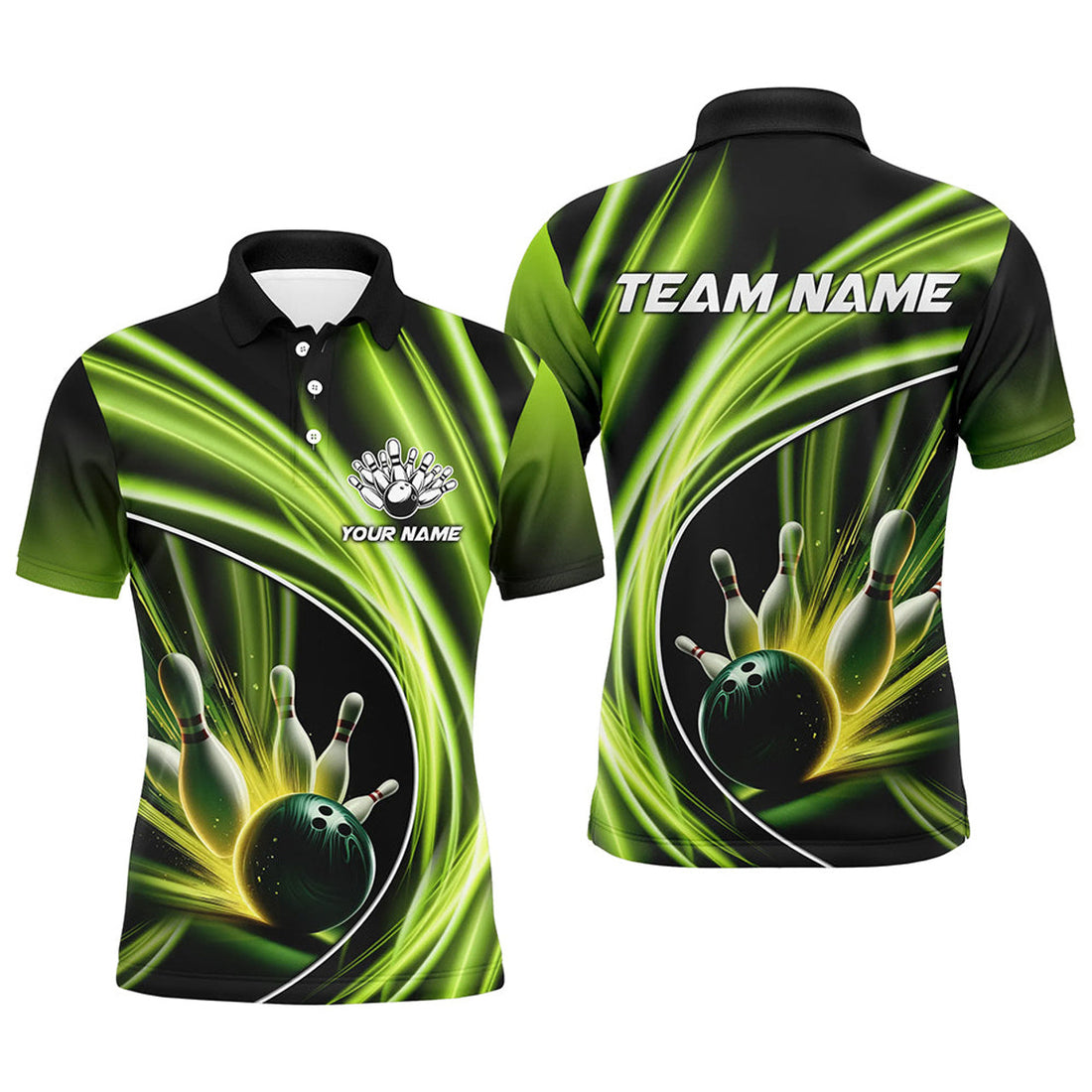 Custom Green Light Bowling Jerseys For Men Custom Mens Bowling Polo Team Bowlers