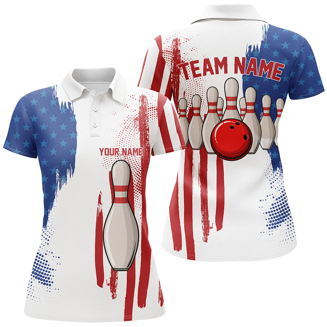 Custom Red White & Blue American Flag Women Bowling Polo Custom Bowling Team League Jersey