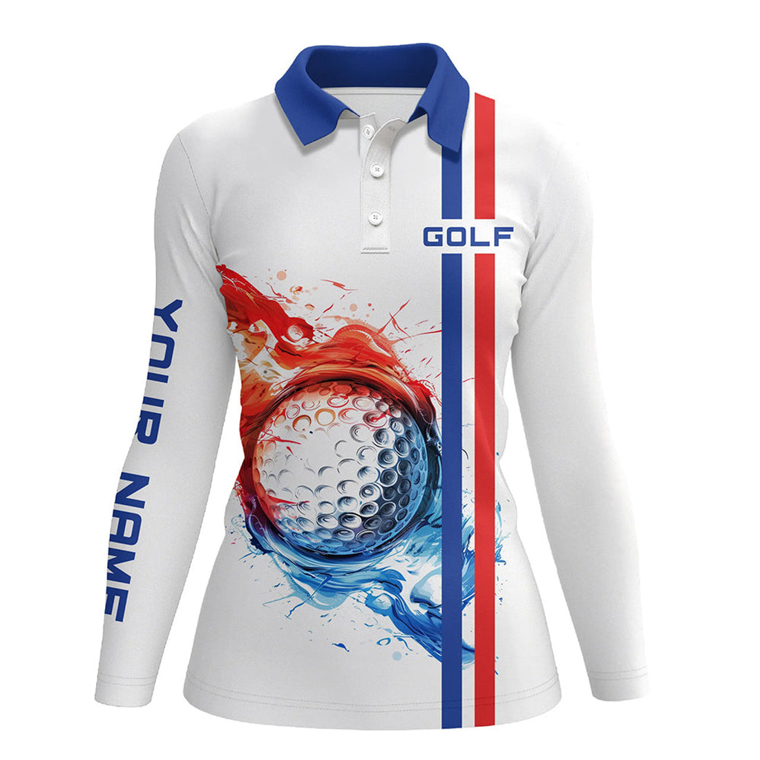 Custom Red, White And Blue Stripe Womens Golf Polo Shirts Custom Golf Ball Womens Golf Tops, Team Golf Shirts