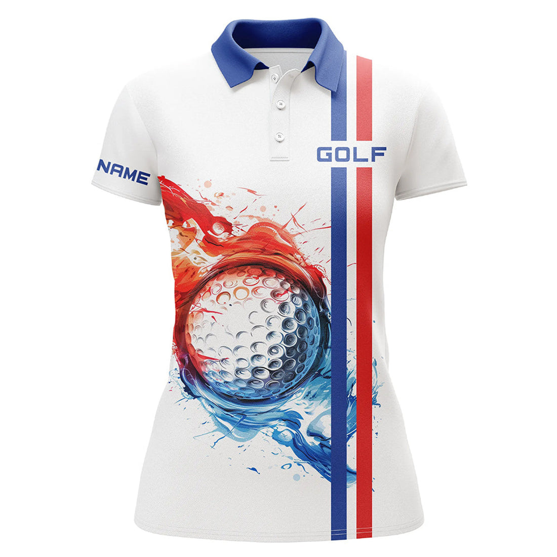 Custom Red, White And Blue Stripe Womens Golf Polo Shirts Custom Golf Ball Womens Golf Tops, Team Golf Shirts
