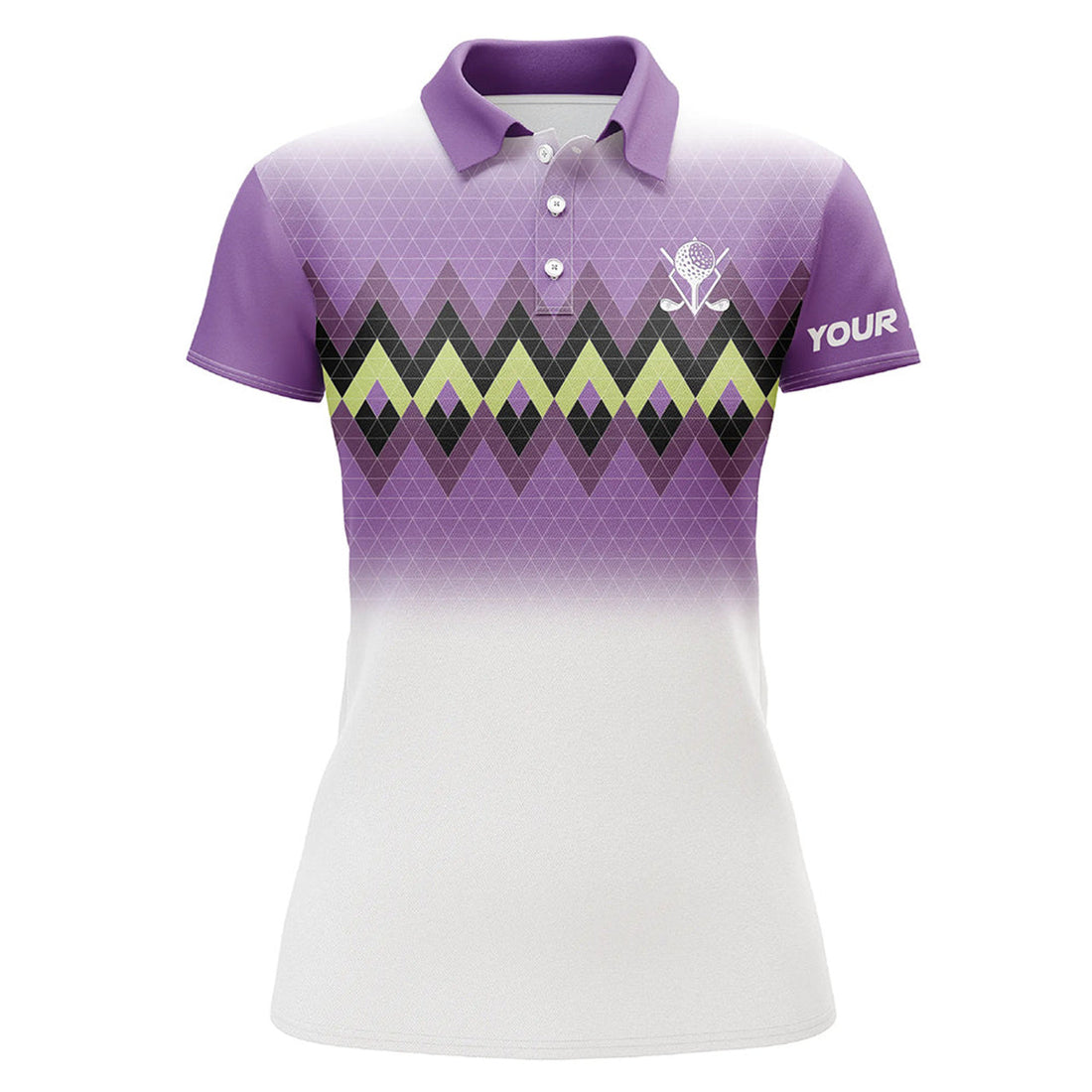 Custom Purple Graphic Stripe Argyle Pattern Custom Womens Golf Polo Shirts, Personalized Ladies Golf Tops
