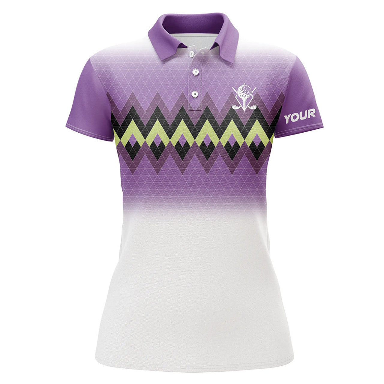 Custom Purple Graphic Stripe Argyle Pattern Custom Womens Golf Polo Shirts, Personalized Ladies Golf Tops