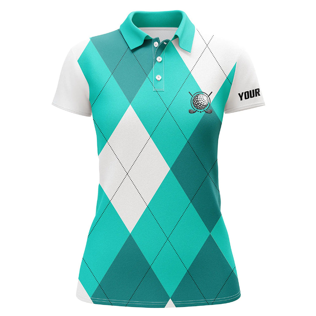 Custom Womens Golf Polo Shirts Turquoise And White Golf Argyle Plaid Pattern, Personalized Golf Gifts