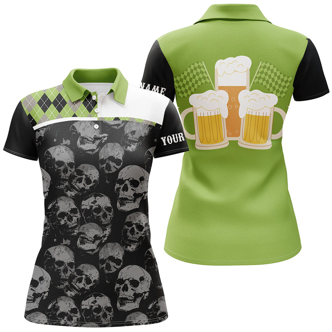Custom Black Skull Argyle Plaid Pattern Women Golf Polo Shirts Custom Team Beer Ladies Golf Top | Green
