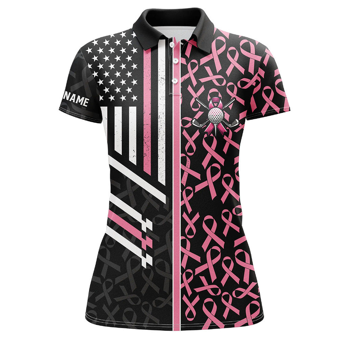 Custom Pink ribbon Pattern American Flag Women golf polo shirts custom Breast Cancer awareness golf shirts