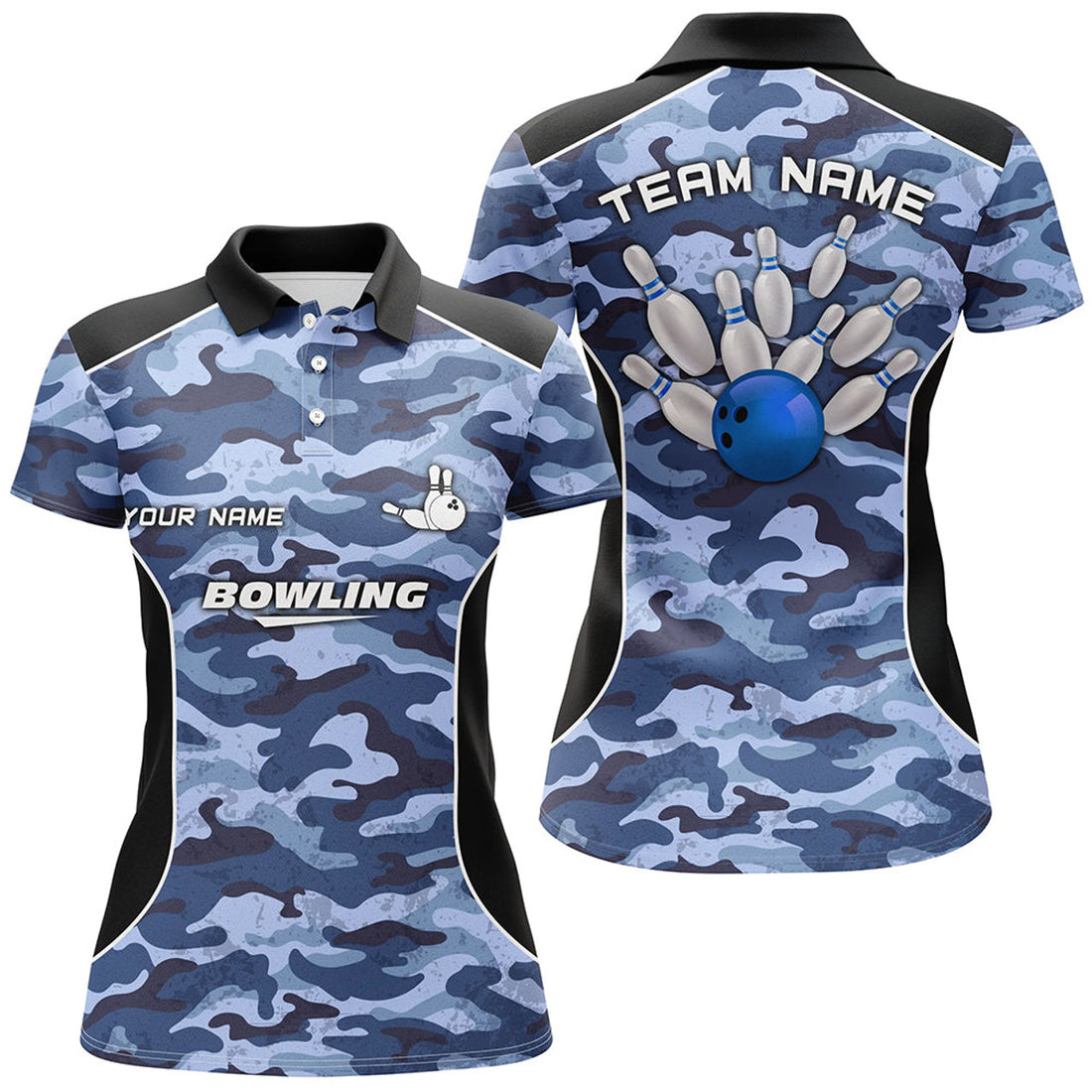 Custom Women Bowling Polo Shirts Custom Bowling Ball And Pins Blue Camo Bowling Team Jersey For Women