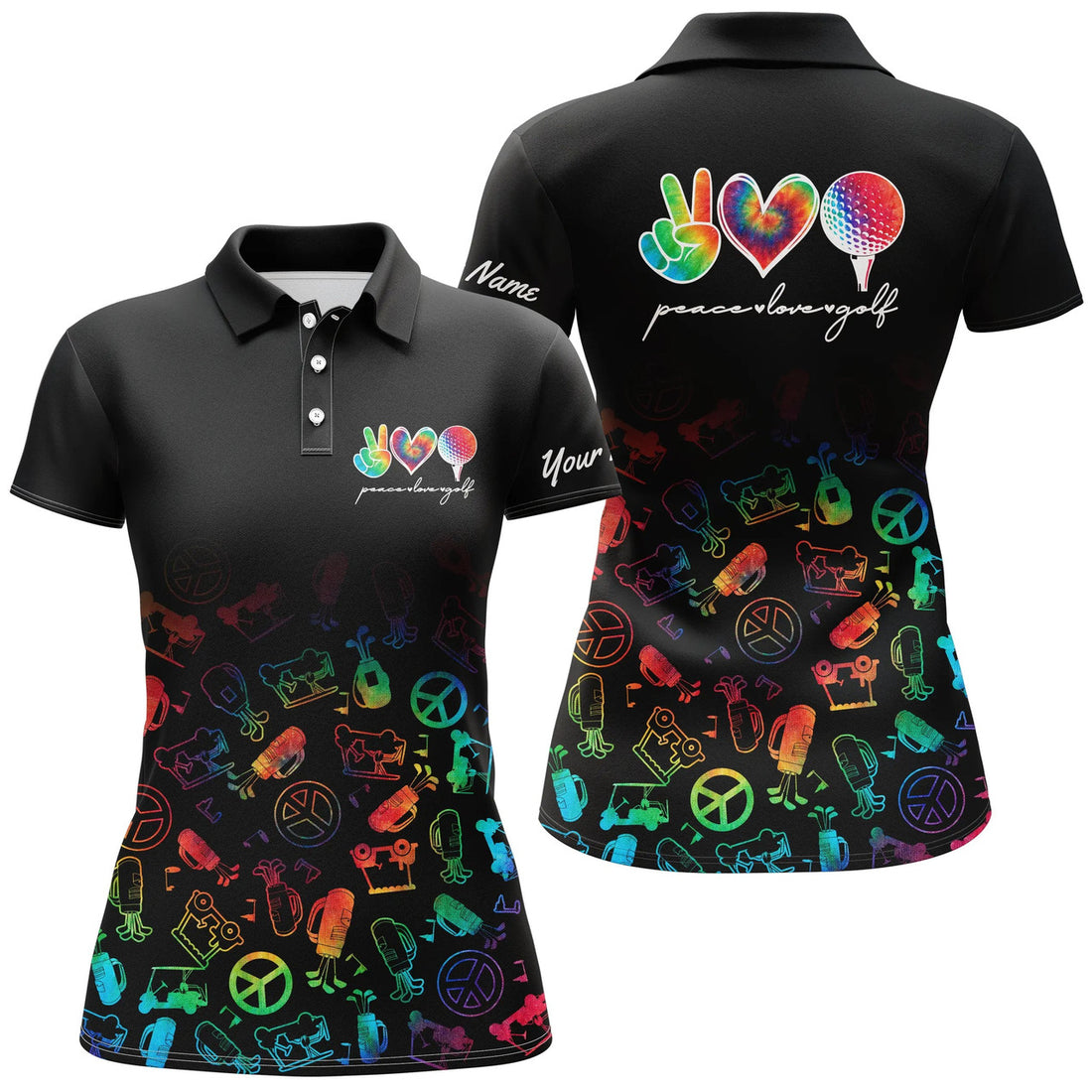 Custom Black Womens Golf Polo Shirt Custom Name Watercolor Peace Love Golf, Personalized Golf Shirt For Women