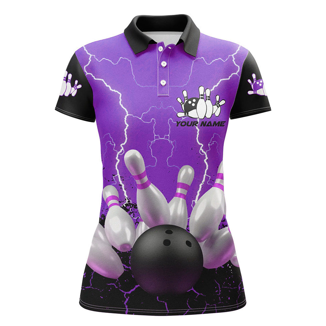 Custom Purple Lightning Women Bowling Polo Shirts, Custom Team League Bowling Shirts Female Bowling Uniform
