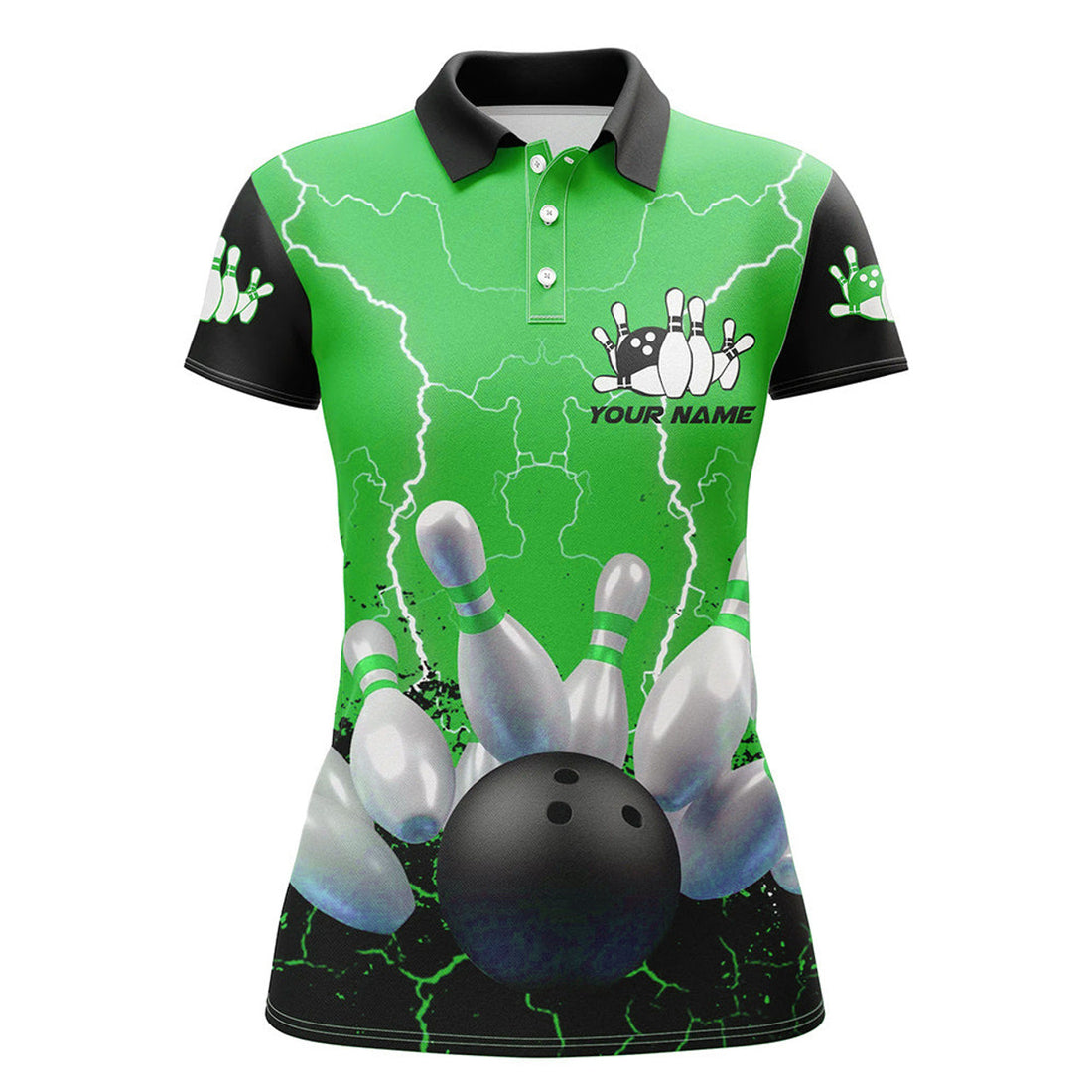 Custom Green Lightning Women Bowling Polo Shirts, Custom Team League Bowling Shirts Female Bowling Uniform