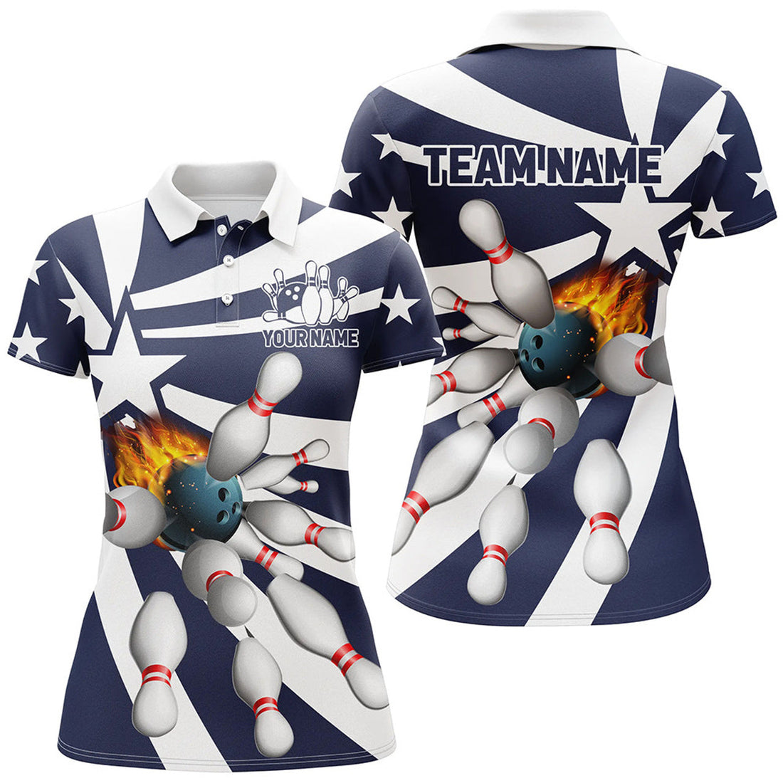 Custom Blue And White Women Polo, Quarter Zip Bowling Shirt Custom Flame Bowling Star Team League Jerseys