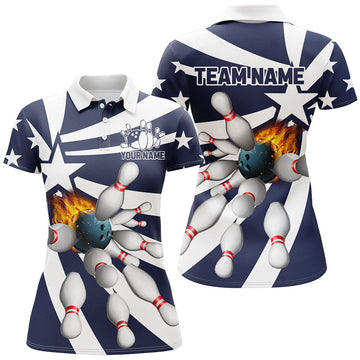 Custom Blue And White Women Polo, Quarter Zip Bowling Shirt Custom Flame Bowling Star Team League Jerseys