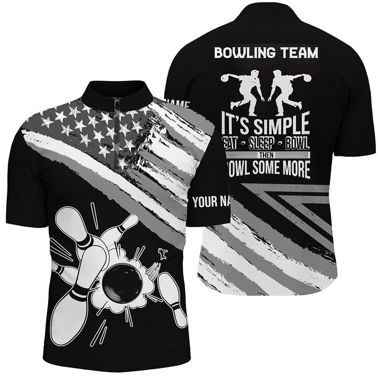 Custom Black American flag retro Men's Bowling Shirt Quarter-Zip Custom team bowling outfits eat sleep