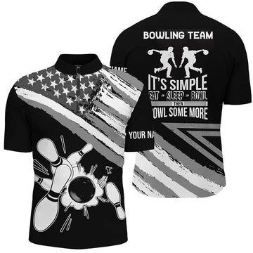 Custom Black American flag retro Men's Bowling Shirt Quarter-Zip Custom team bowling outfits eat sleep