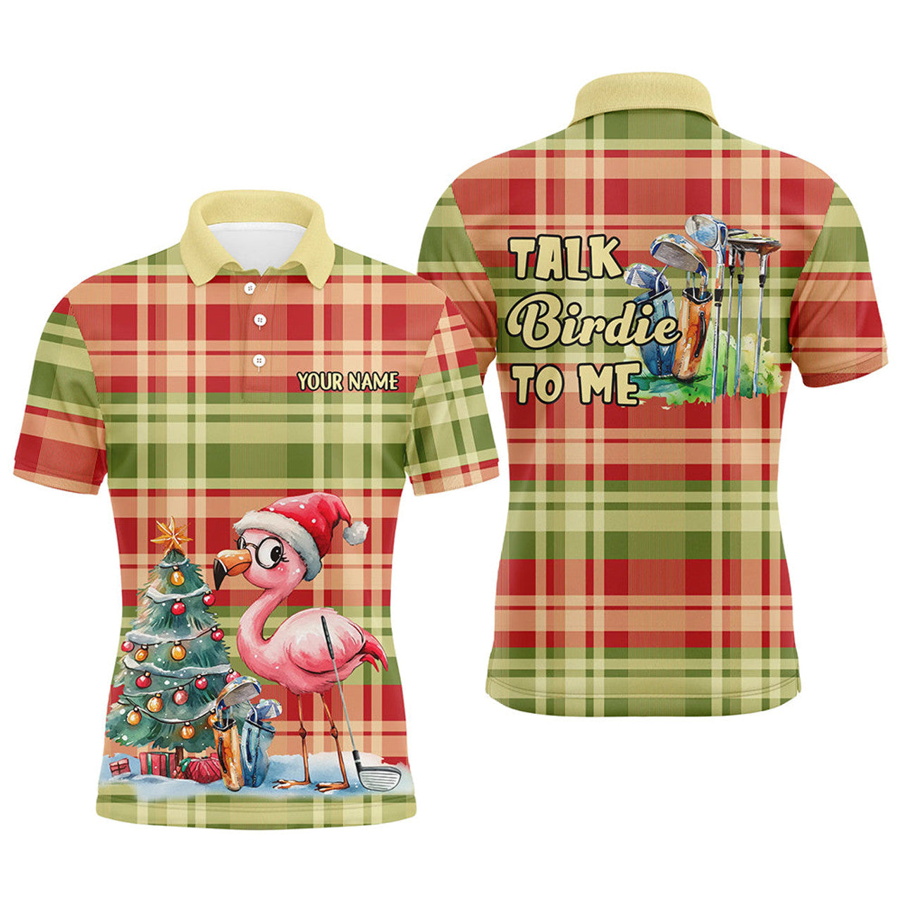 FUNSTUFFPRINT Mens golf polo shirts custom funny Flamingo plaid pattern Christmas golf shirts talk birdie to me Polo Shirt Size S-5XL