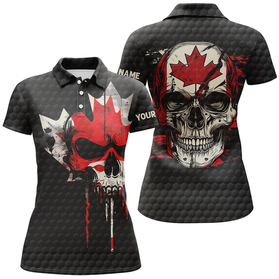 Custom Canadian Flag Skull Womens Golf Polo Shirt Custom Black Golf Ball Skin Golf Attire For Women