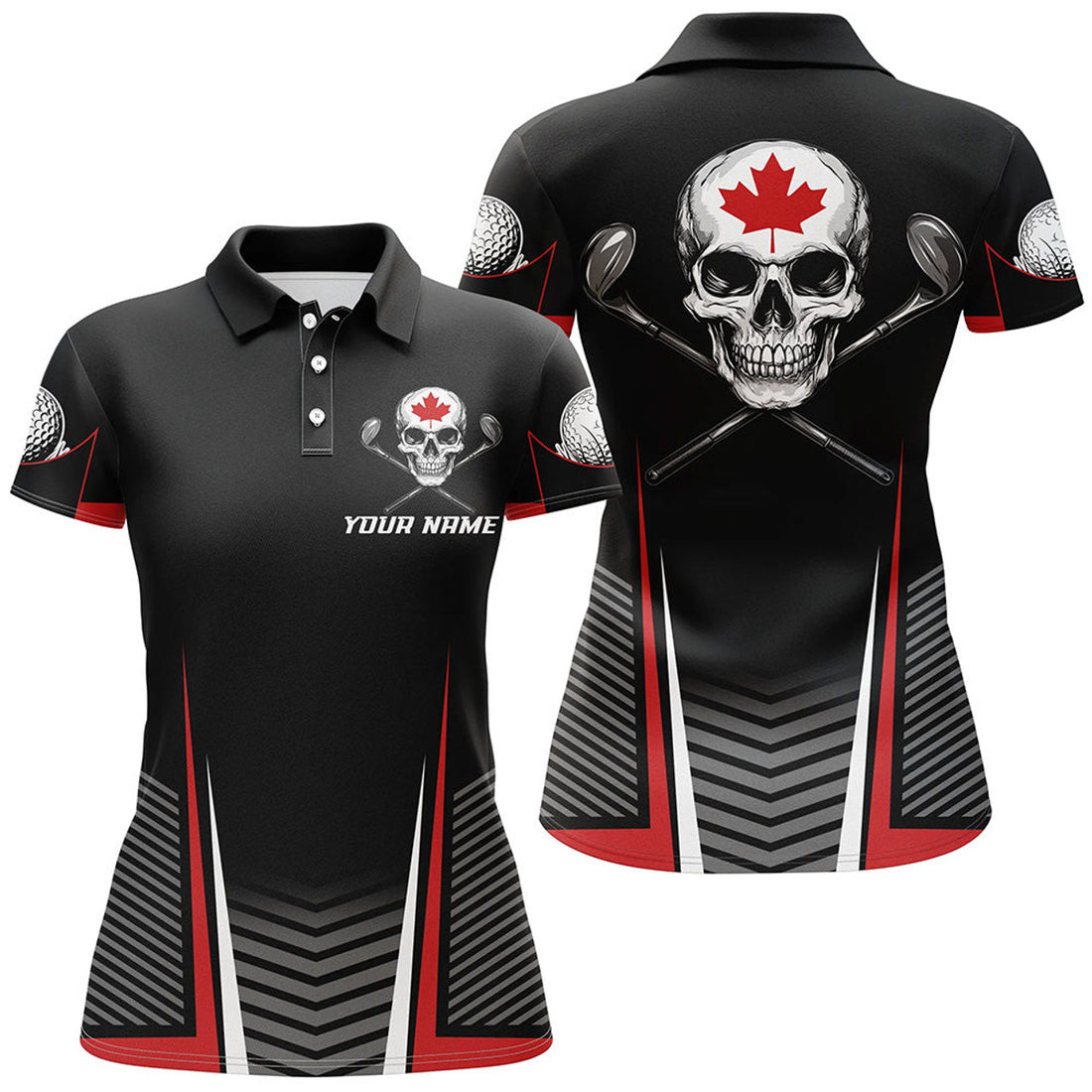 Custom Black And Red Canadian Flag Golf Clubs Skull Women Golf Polo Shirts Custom Patriotic Golf Team Jersey