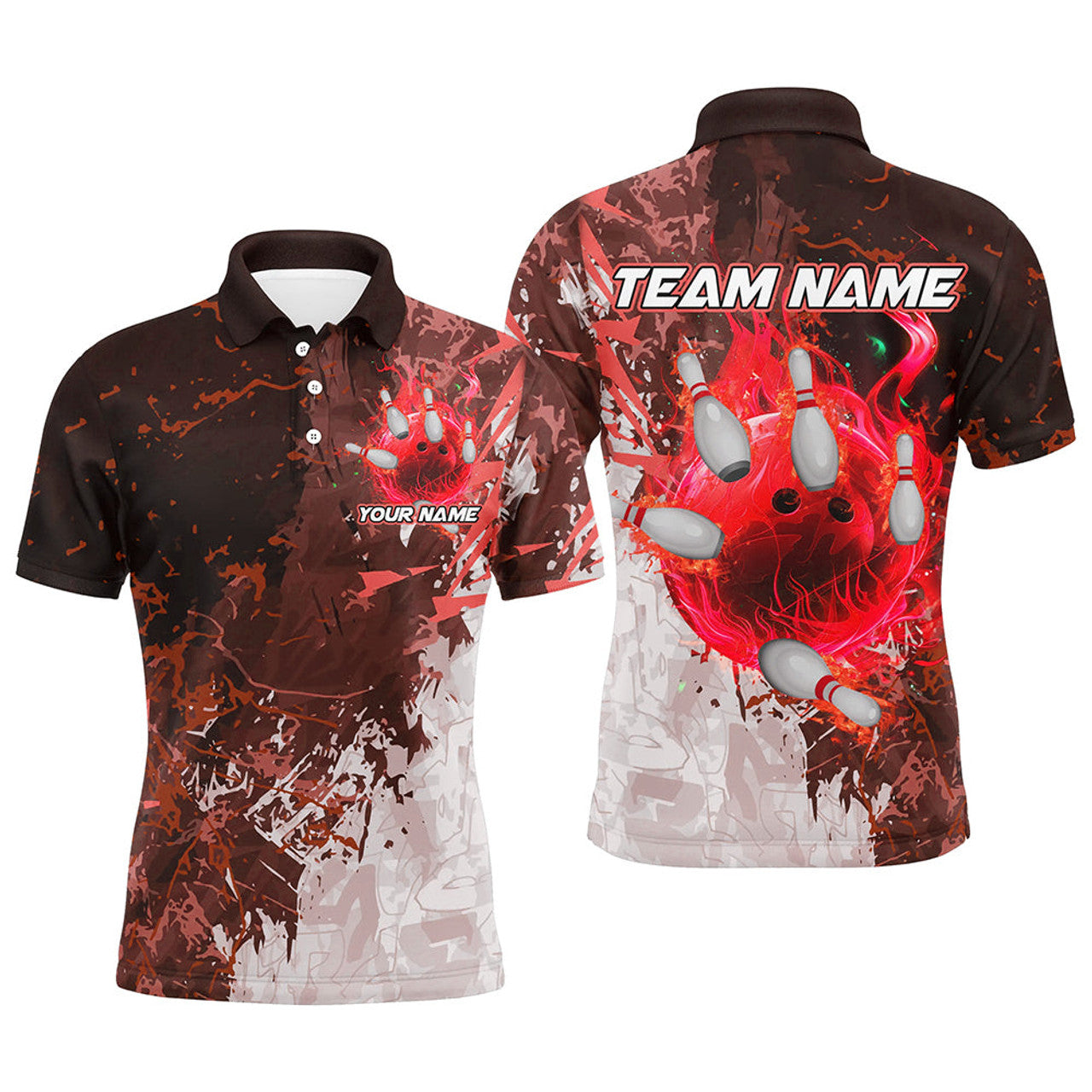 FUNSTUFFPRINT Red Camo Flame Bowling Polo Shirt Size S-5XL
