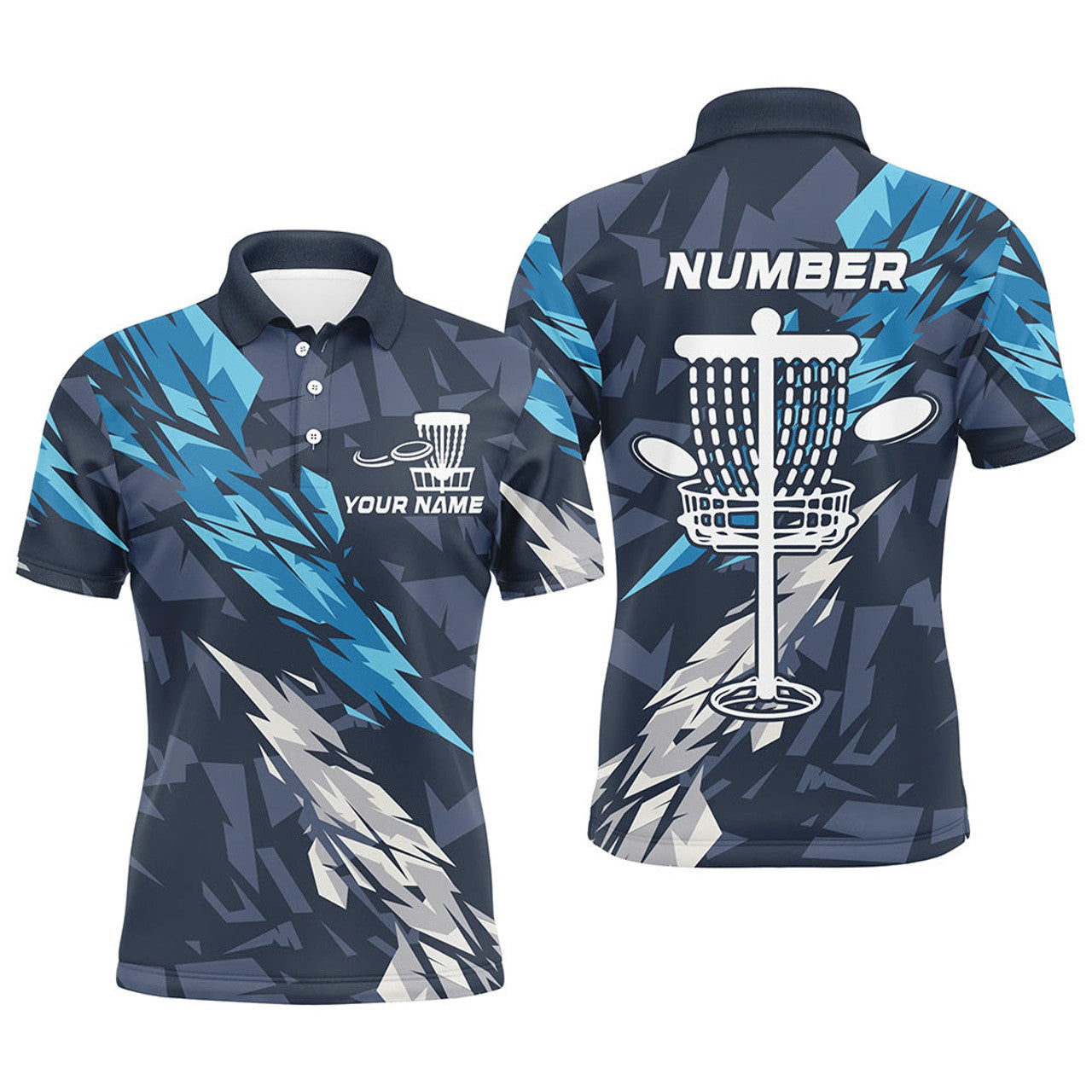 FUNSTUFFPRINT Blue camo Disc golf basket custom team disc golf polo shirt for Men, frisbee golf attire, Polo Shirt Size S-5XL