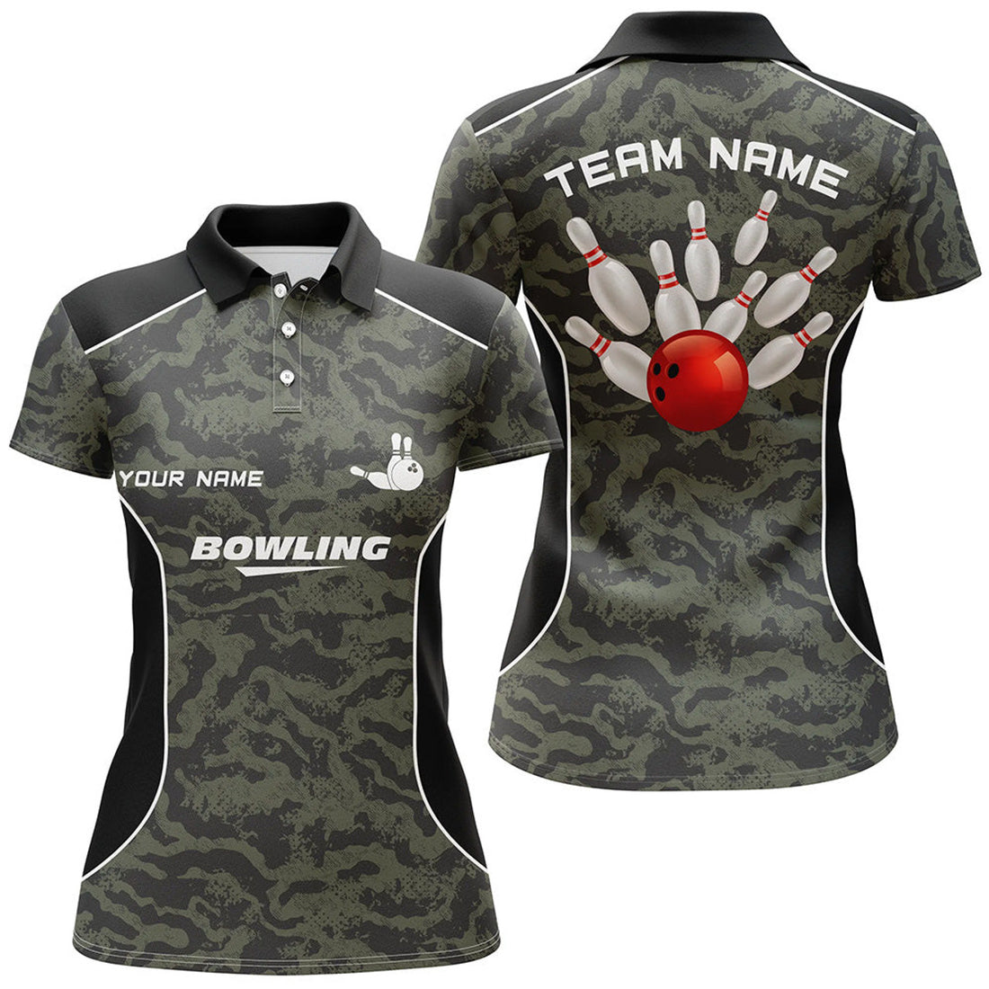Custom Women Bowling Polo Shirts Custom Bowling Ball And Pins Camo Bowling Team Jersey For Women