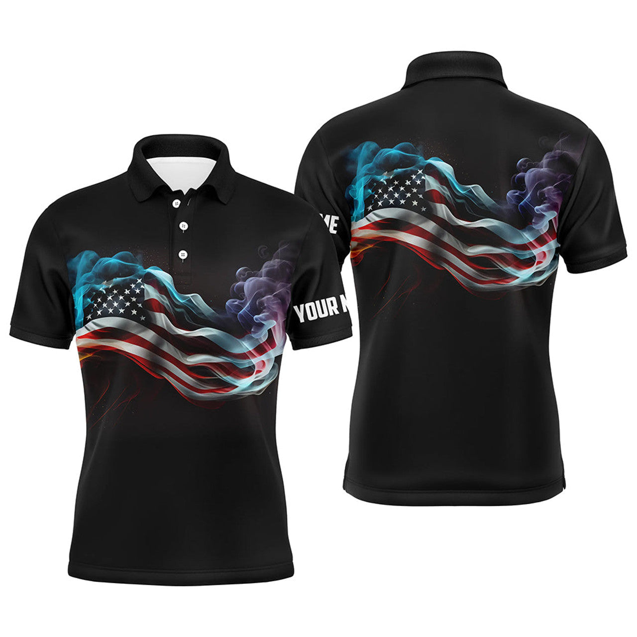 FUNSTUFFPRINT Mens golf polo shirts custom smoke American flag patriotic black golf tops for mens Polo Shirt Size S-5XL