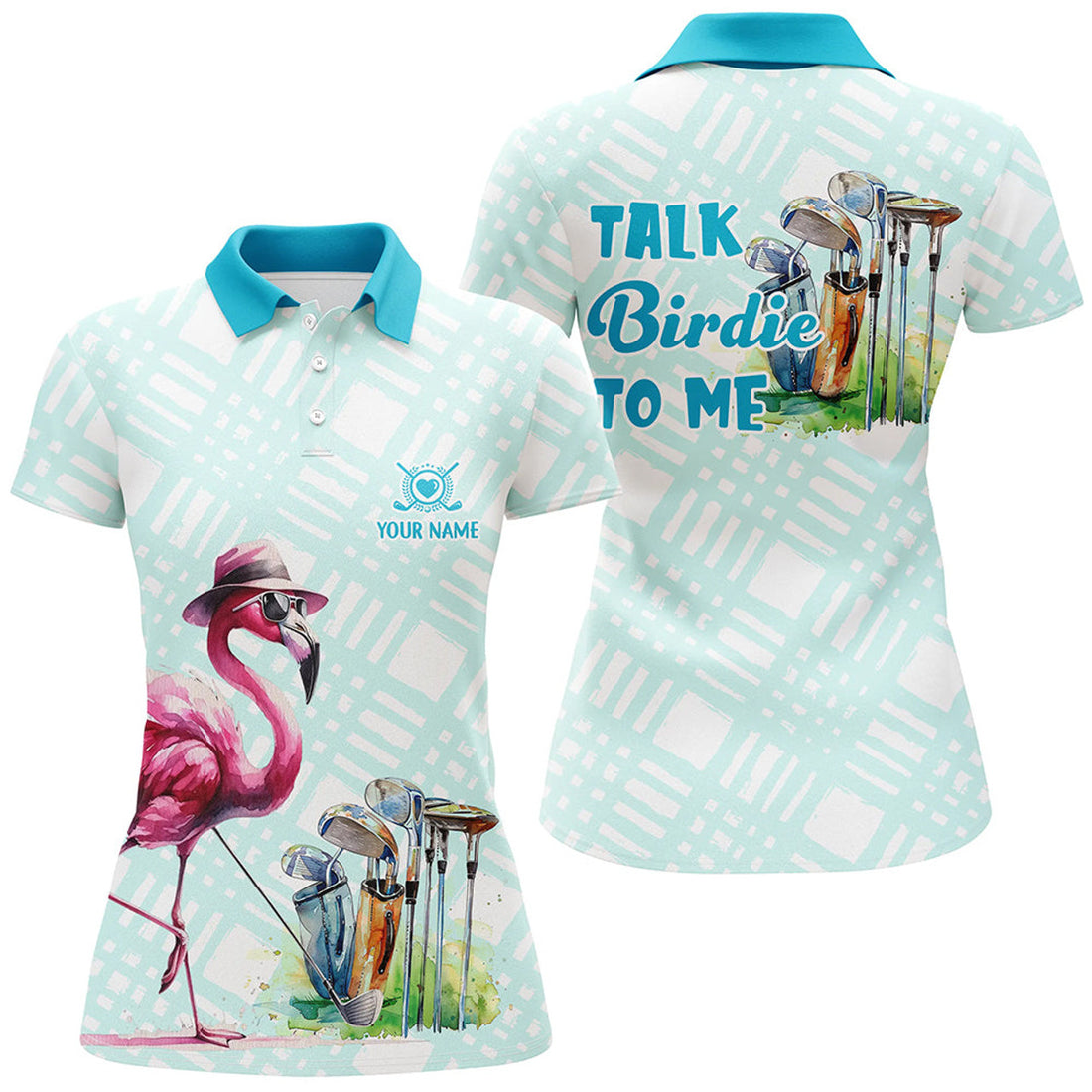 Custom Womens Golf Polo Shirts Custom Pink Flamingo Blue Pattern Golf Shirts Talk Birdie To Me