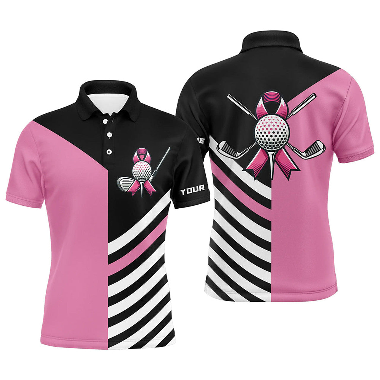 FUNSTUFFPRINT Black and Pink ribbon golf ball clubs Men golf Polo Shirt Size S-5XL