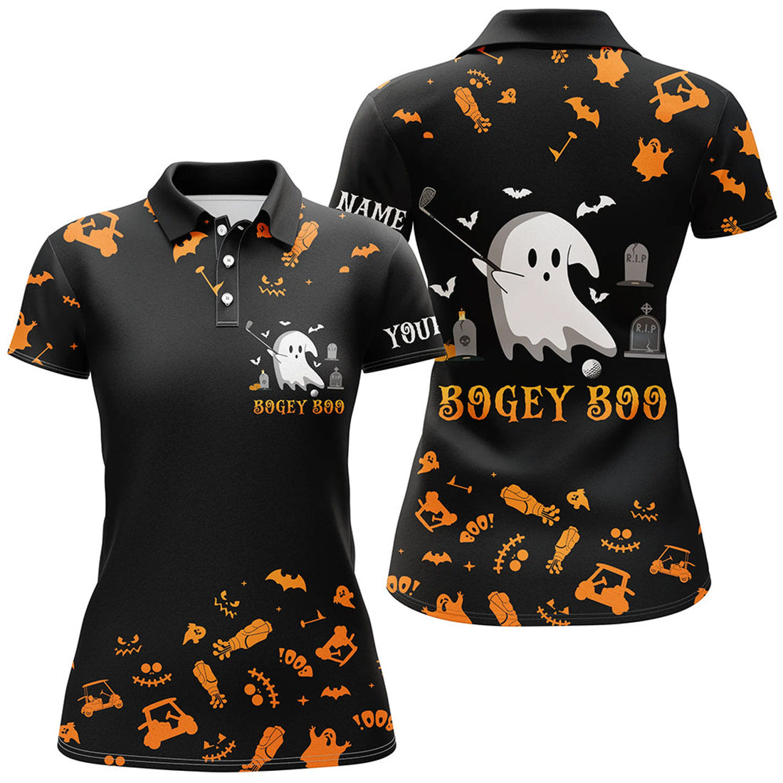 Custom Funny Black Orange Halloween Background Women Golf Polo Shirts Custom Bogey Boo Ladies Golf Tops