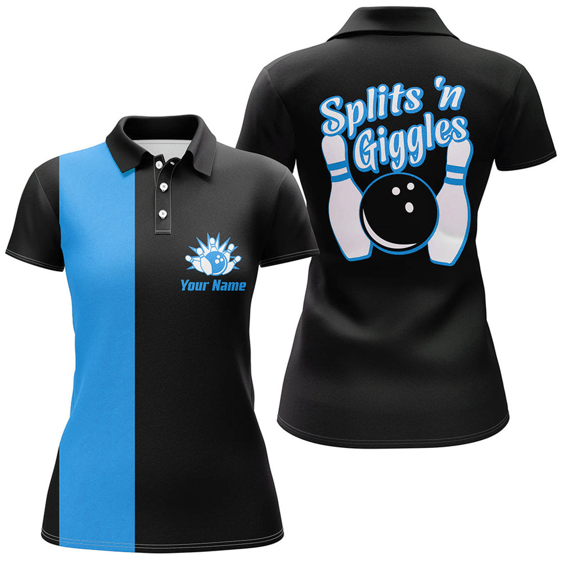Custom Splits'n Giggles Bowling Polo, Shirt For Women Personalized Black Blue Retro Bowling Jersey