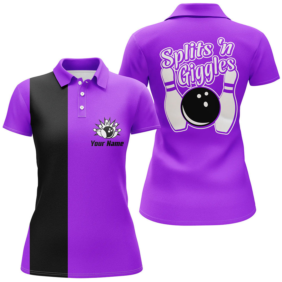 Custom Splits 'N Giggles Bowling Polo, Shirt For Women Personalized Purple Retro Bowling Jerseys