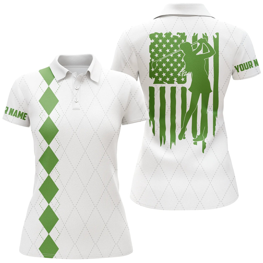Custom Womens Golf Polo Shirt Green American Flag Patriotic Golf Shirts Custom Name Golf Gifts