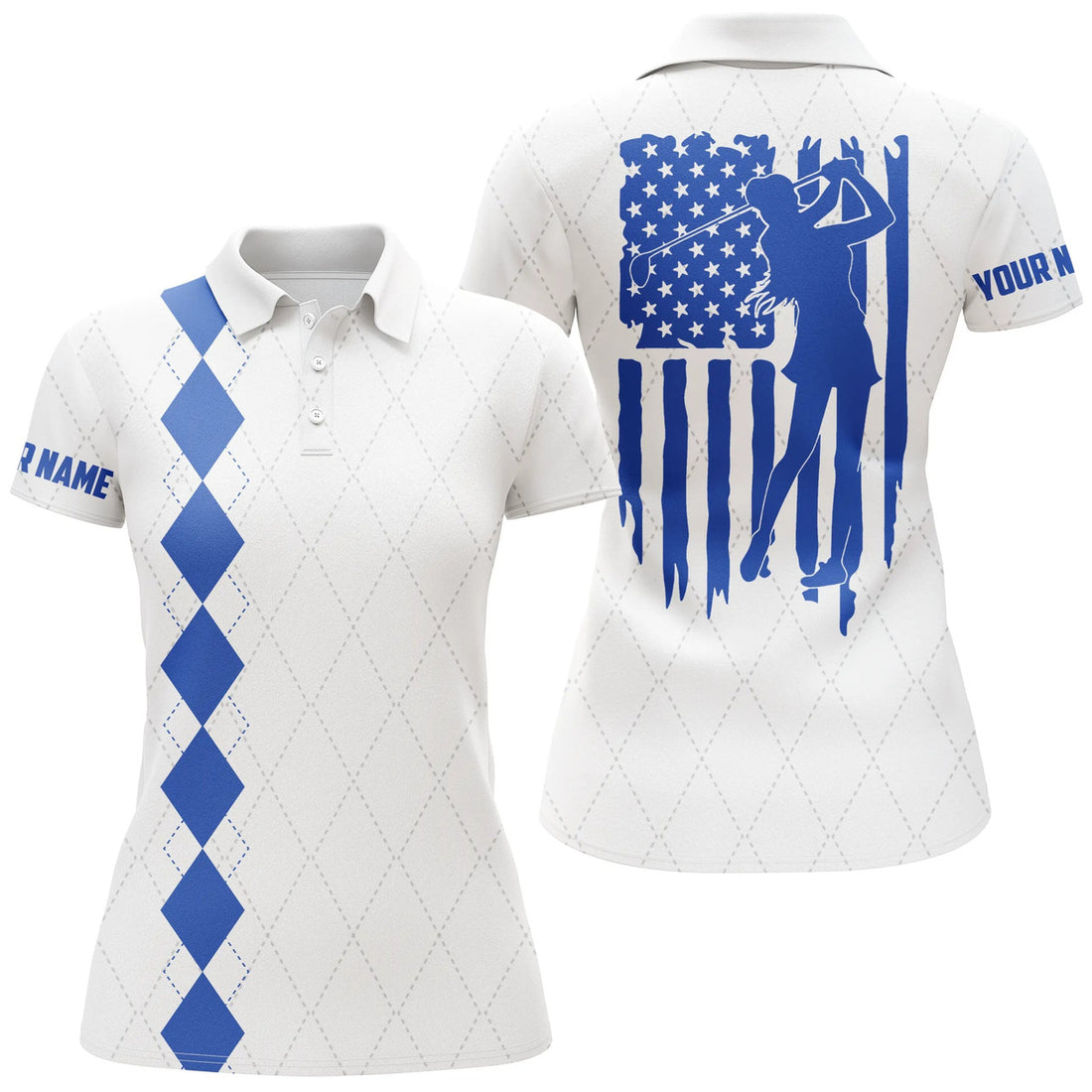 Custom Womens Golf Polo Shirt Blue American Flag Patriotic Golf Shirts Custom Name Golf Gifts