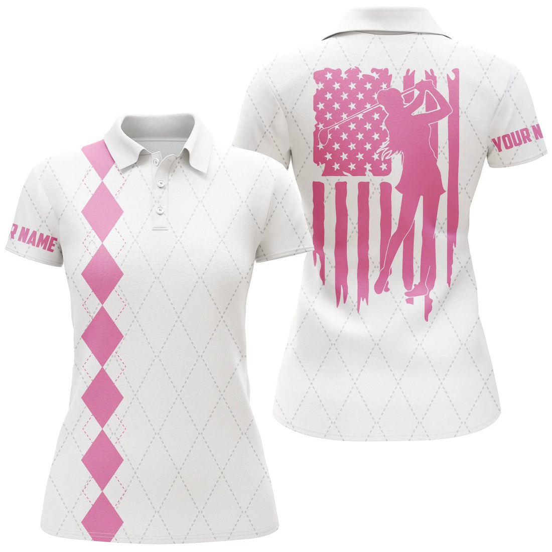 Custom Womens Golf Polo Shirt Pink American Flag Patriotic Golf Shirts Custom Name Golf Gifts