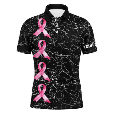 FUNSTUFFPRINT Cancer Awareness Mens Golf Shirts, Custom Black Camo Pink Ribbon Mens Polo Shirt Size S-5XL