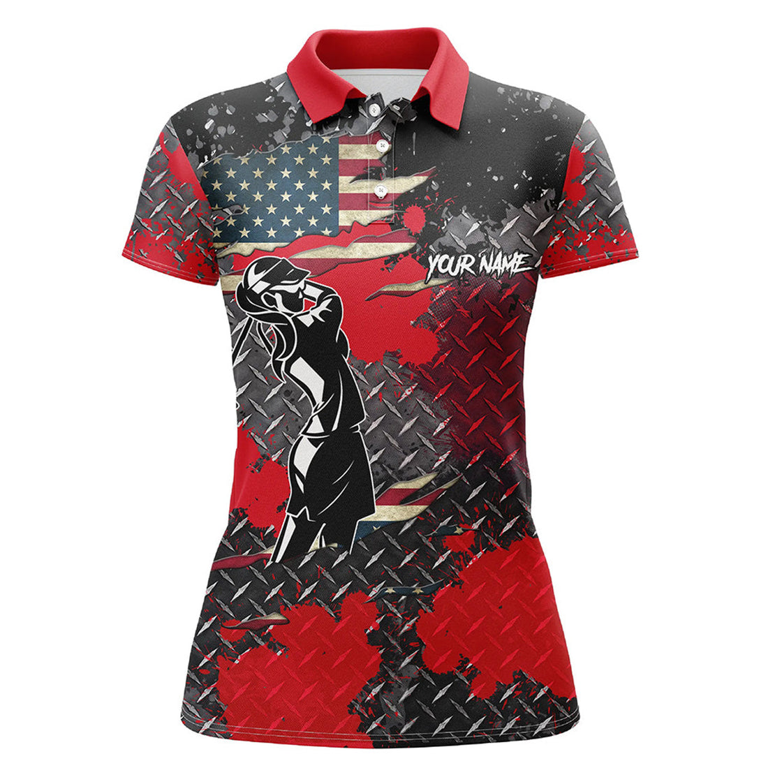Custom Red Metal Pattern American Flag Women Golf Polo Shirts Custom Patriotic Team Golf Shirts For Ladies