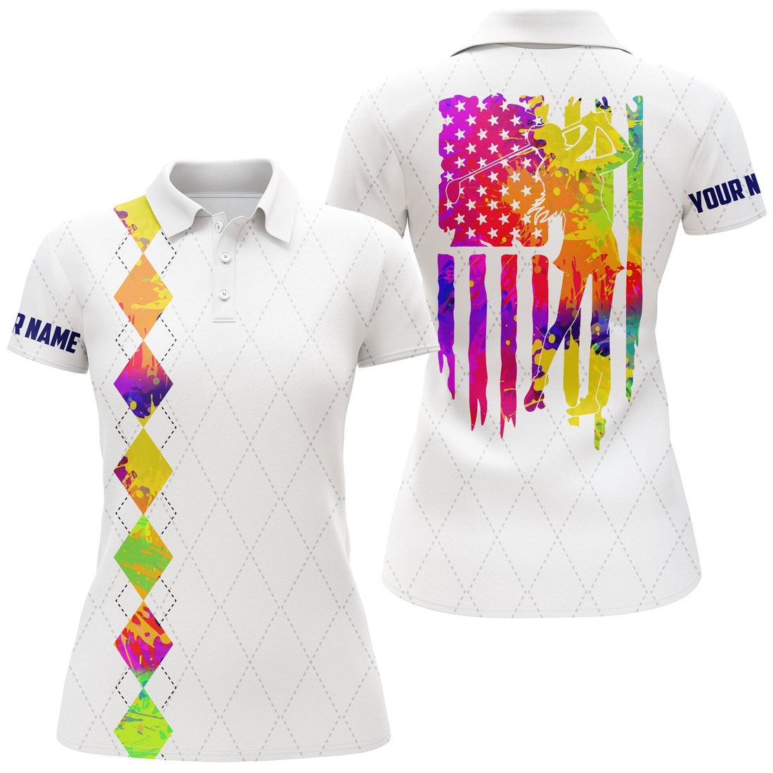Custom Womens Golf Polo Shirt Watercolor American Flag Patriotic Golf Shirts Custom Name Golf Gifts