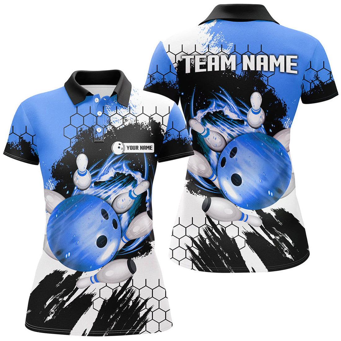 Custom Blue Flame Bowling Ball And Pins Jerseys Custom Team League Bowling Polo Shirts For Women