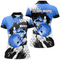Custom Blue Flame Bowling Ball And Pins Jerseys Custom Team League Bowling Polo Shirts For Women