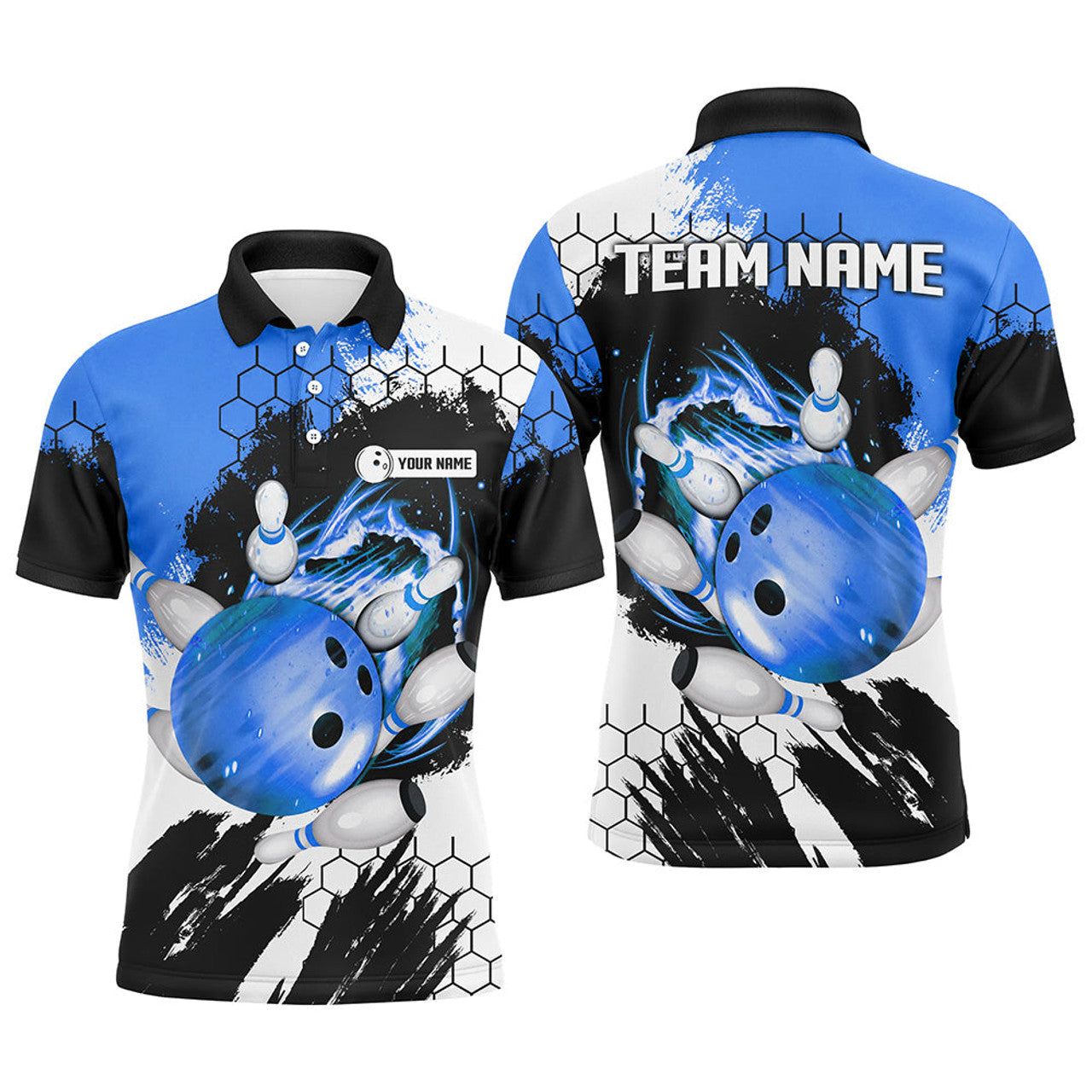 FUNSTUFFPRINT Blue Flame bowling ball and pins jerseys Custom Team League Bowling Polo Shirts For Men Polo Shirt Size S-5XL