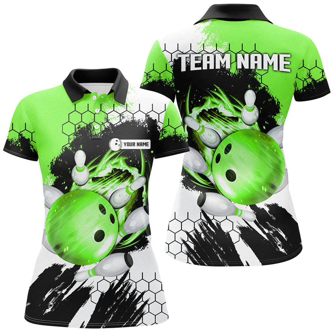 Custom Green Flame Bowling Ball And Pins Jerseys Custom Team League Bowling Polo Shirts For Women