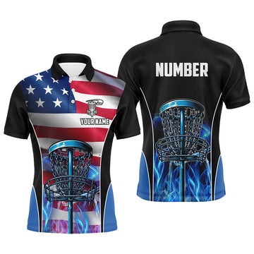 Custom American flag Disc golf basket patriotic Men polo shirts custom blue fire disc golf tops for mens