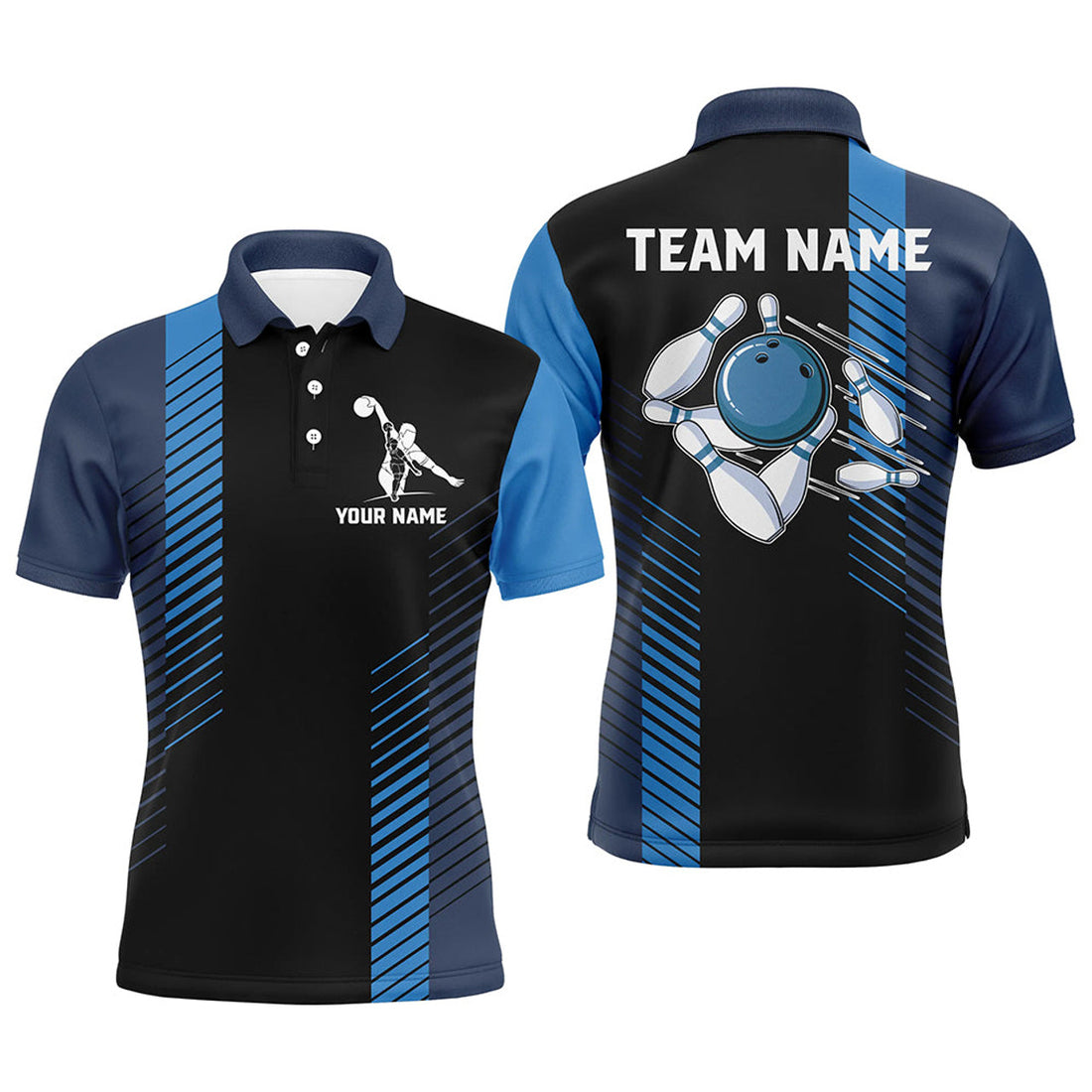 Custom Black And Blue Bowling Shirt For Men Custom Men Bowling Polo Shirts, Team Bowling Jerseys