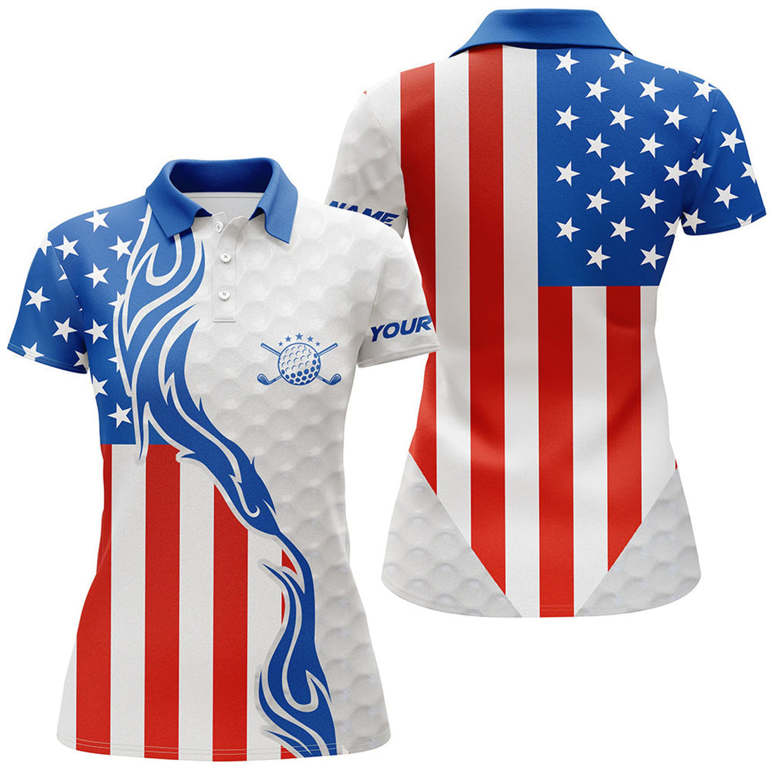 Custom Red, White, And Blue American Flag Women Golf Polo Shirts Custom Patriotic Golf Shirts For Women