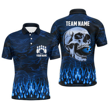 FUNSTUFFPRINT Bowling polo, for men Custom Blue camo Flame Skull Polo Shirt Size S-5XL