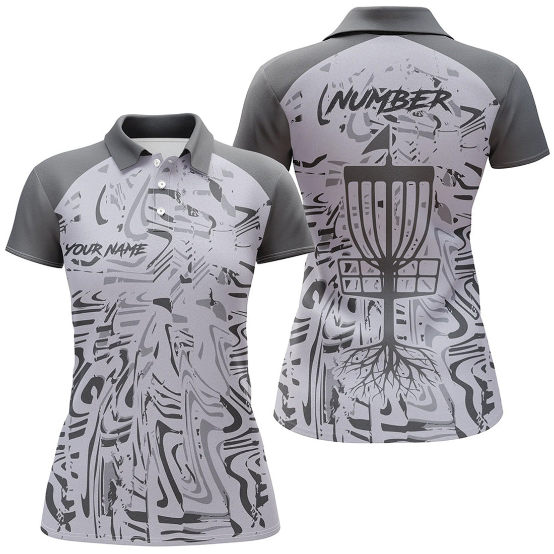 Custom Gray Camo Pattern Women Disc Golf Polo Shirt Custom Team Disc Golf Clothes, Gifts For Disc Golf Lovers