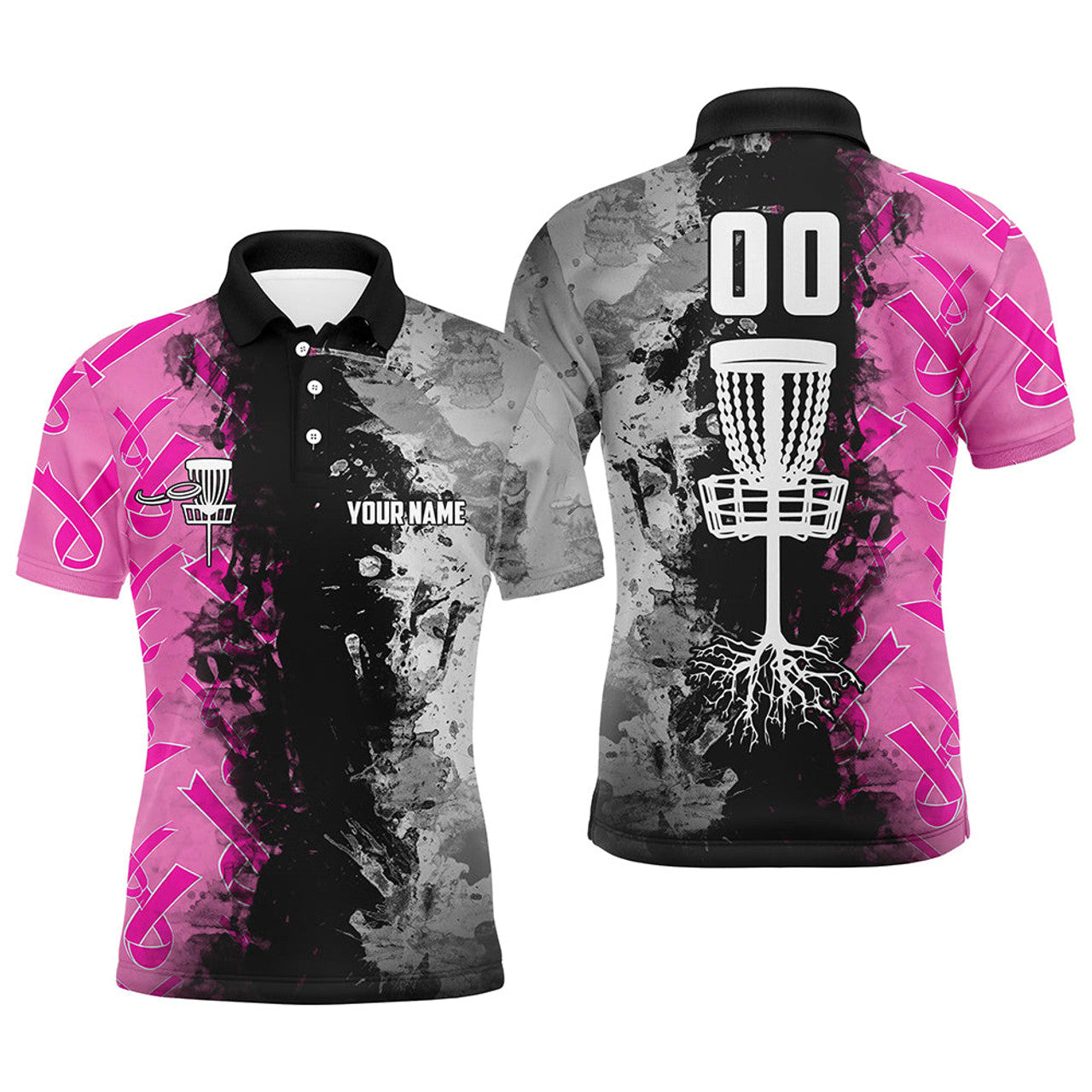 FUNSTUFFPRINT Custom Name, Number Disc Golf Basket Men's Polo Shirts, Pink Ribbons Cancer Awarness Shirt Size S-5Xl