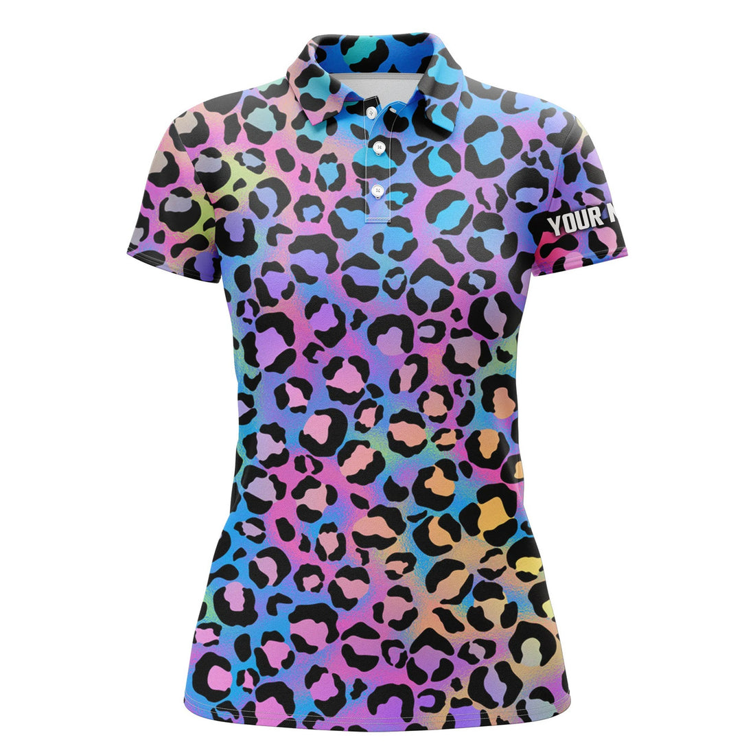 Custom Colorful Neon Gradient Leopard Womens Golf Polo Shirts, Custom Pattern Golf Shirt Gift For Golf Lovers