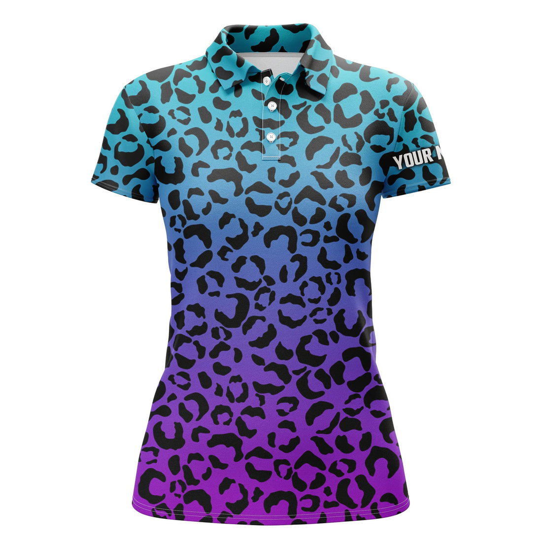 Custom Womens Golf Polo Shirts Blue Purple Neon Leopard Pattern Golf Shirt Custom Golf Polo For Woman