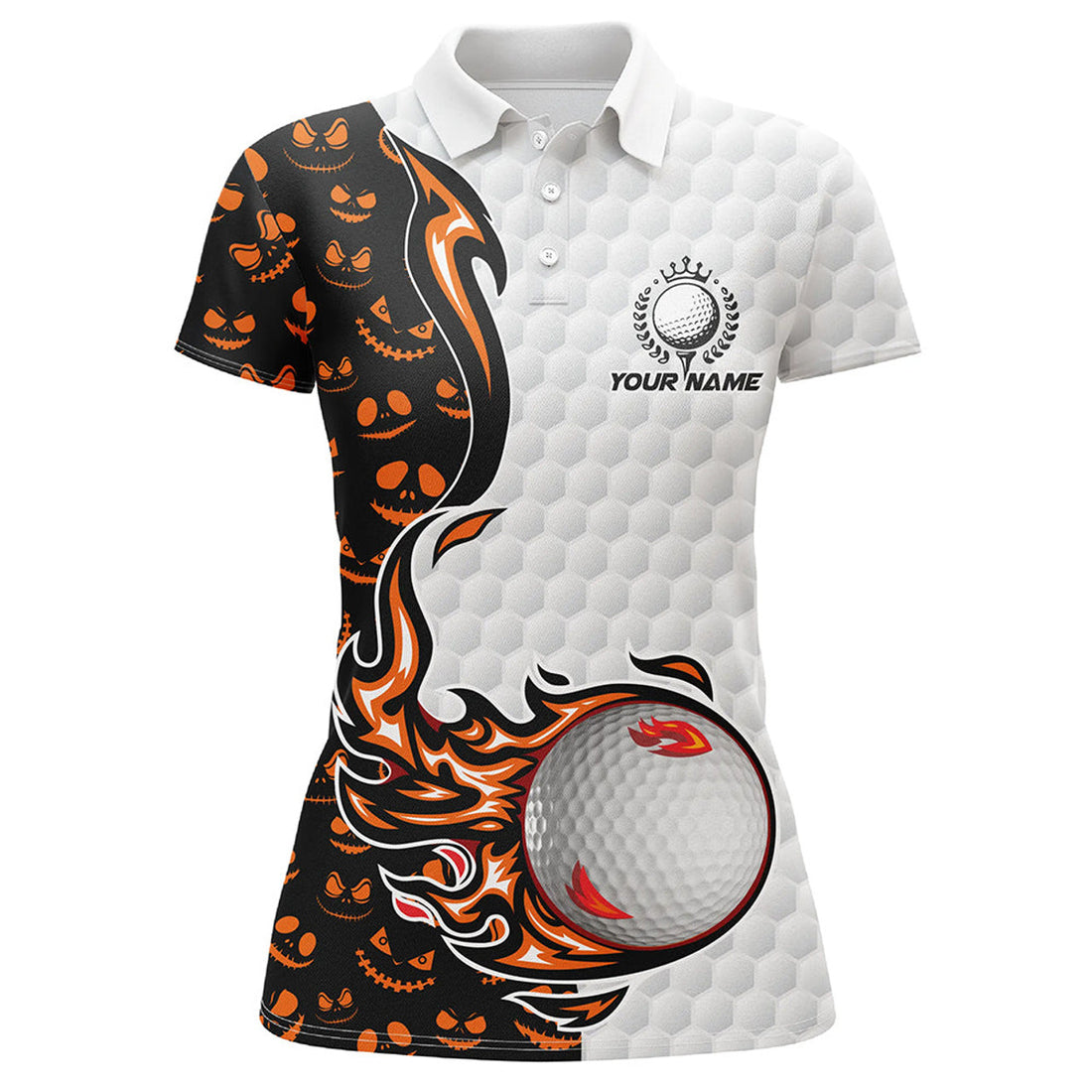 Custom Halloween Pattern Orange Golf Ball Womens Polo Shirts Custom Halloween Golf Shirts, Gifts For Golfer
