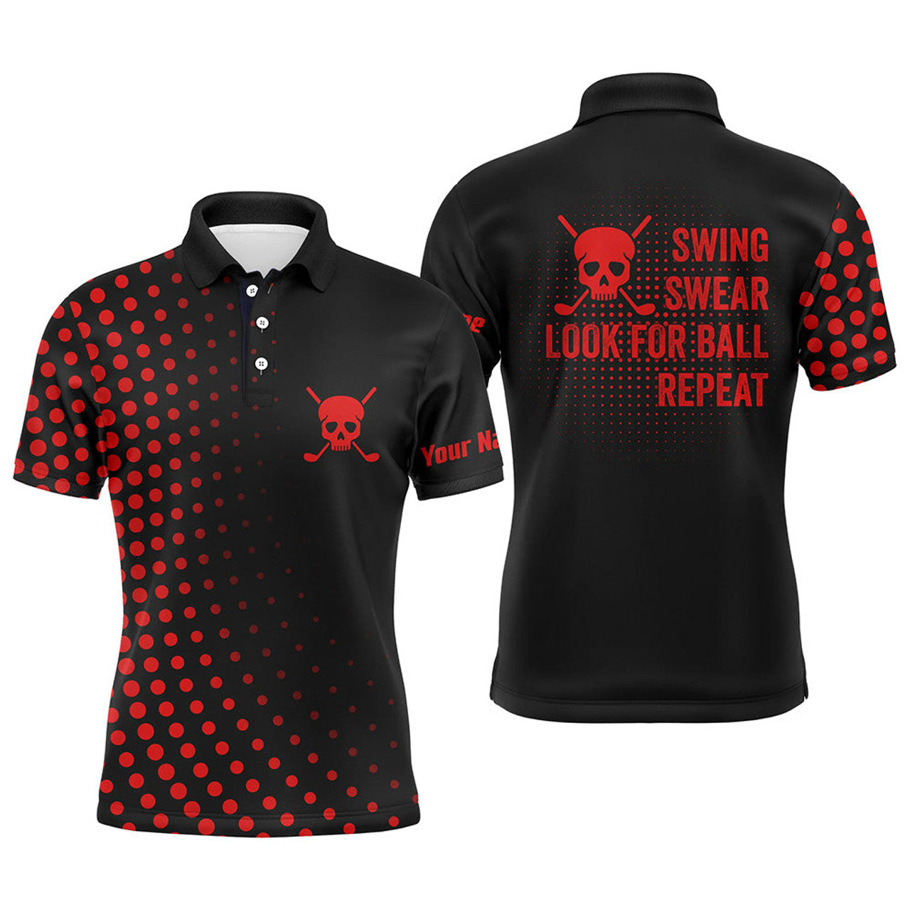Custom Funny Men golf polo shirts custom swing swear look for ball repeat dot pattern skull golf shirt | Red